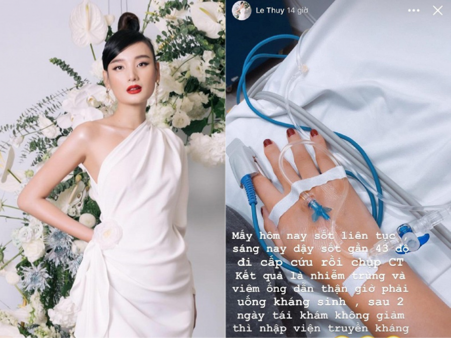 Trên trang cá nhân, người mẫu Lê Thúy chia sẻ thông tin về tình hình sức khoẻ khiến nhiều bạn bè lo lắng. Theo đó, nhiều ngày nay nàng mẫu liên tục bị sốt, có lúc lên đến 43 độ, đã phải nhập viện cấp cứu. Sau khi kiểm tra, chụp CT, các bác sĩ đã kết luận cô bị nhiễm trùng và viêm ống dẫn thận. Lê Thúy tiết lộ thêm cô phải trở lại bệnh viện tái khám sau 2 ngày, nếu không thuyên giảm phải truyền kháng sinh.