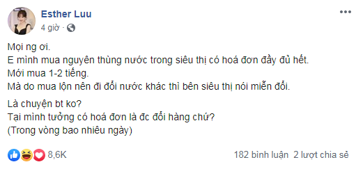 Sáng nay, Hari Won treo status gây chú ý trên trang cá nhân. Nữ ca sĩ kể lại câu chuyện người em đi mua nước tại siêu thị nhưng bị nhầm hàng. Mặc dù có hóa đơn đầy đủ và mới mua được khoảng 1 - 2 tiếng, tuy nhiên Hari Won không khỏi hoang mang khi siêu thị không cho đổi lại. Vì vậy, bà xã Trấn Thành quyết định đăng đàn để tham khảo ý kiến từ các 