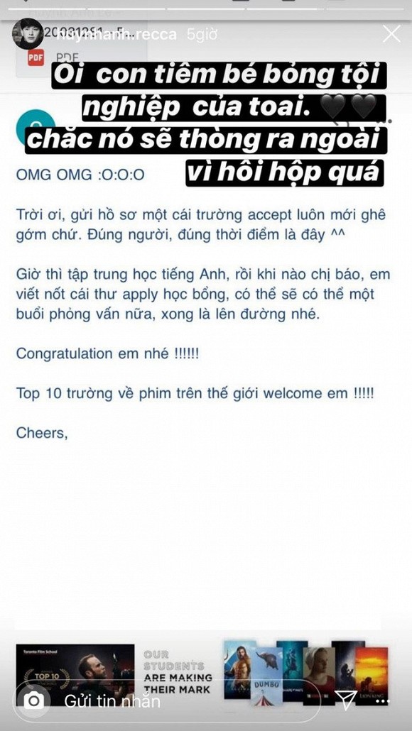 Huỳnh Anh hớn hở khi đã trúng tuyển và chuẩn bị sang Canada du học.