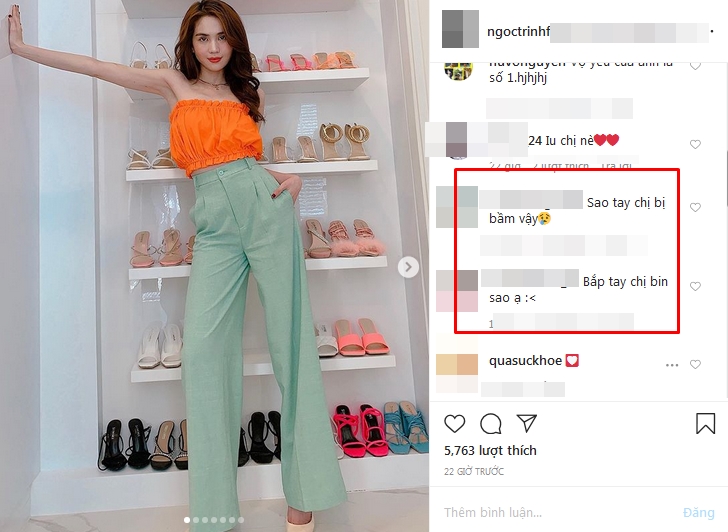 Ngọc Trinh tiếp tục lộ thân hình cò hương. Trong ảnh, cô diện quần màu xanh kết hợp với áo cúp ngực màu cam đứng tạo dáng trước tủ giày dép. Bức ảnh trở thành chủ đề nóng.    Theo đó, cư dân mạng chê bai vóc dáng gầy đến mức đáng báo động của Ngọc Trinh. Góc máy thẳng khiến 8X lộ phần xương tay nhô cao, vòng 1 phẳng lì, cánh tay khẳng khiu...