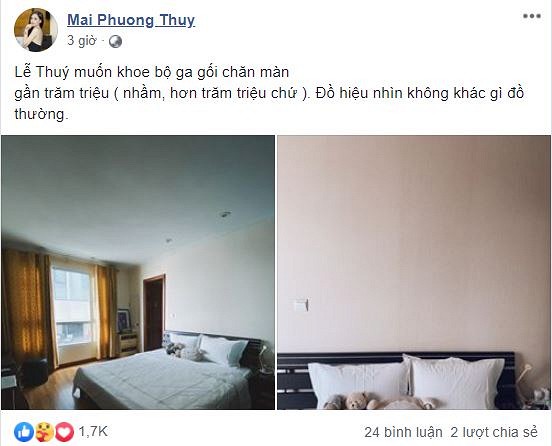 Trên trang cá nhân mới đây, Mai Phương Thúy khoe thành quả shopping với số tiền trị giá lên đến hàng trăm triệu đồng cho bộ chăn gối để tân trang phòng ngủ. Dưới bình luận, nhiều dân tình xin được một lần qua nhà nàng Hậu để trải nghiệm bộ chăn ga đắt đỏ này. Nhiều bạn bè nghệ sĩ của Mai Phương Thúy không giấu nổi bất ngờ khi người đẹp 