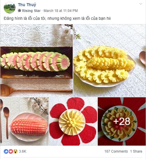 Tài khoản Facebook Thu Thủy có nhiều cách trang trí hoa quả khiến chị em ngưỡng mộ.
