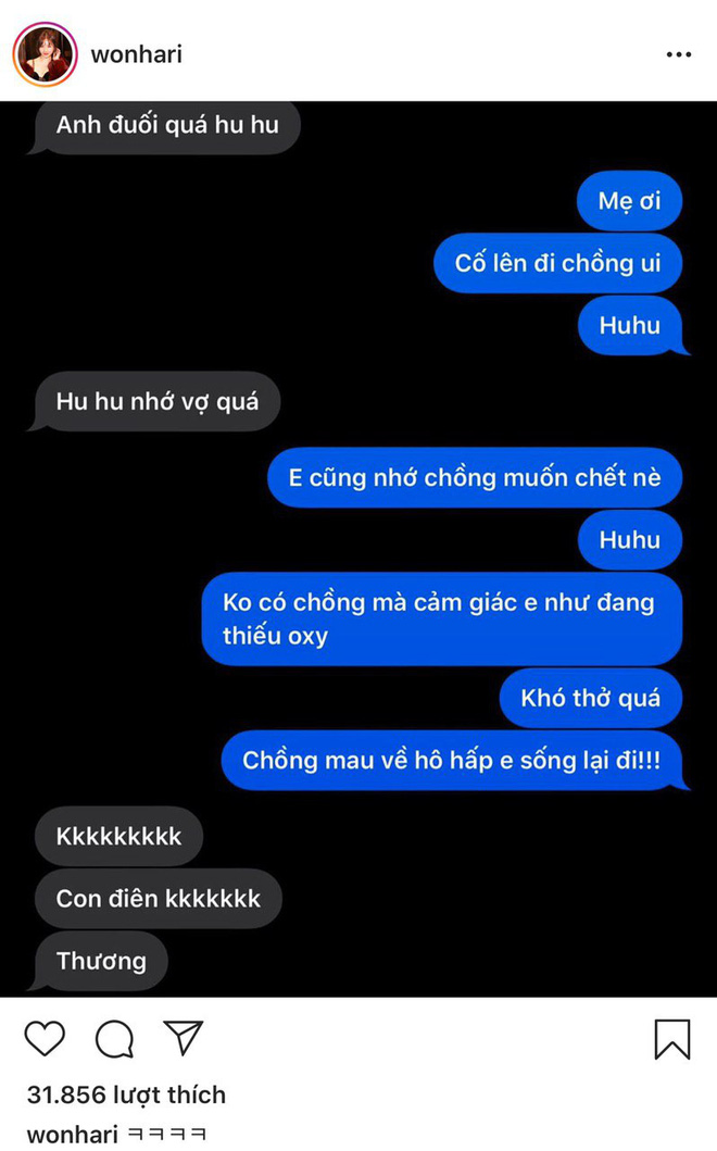 Mới đây, Hari Won chia sẻ dòng tin nhắn Trấn Thành gửi lúc nửa đêm. Đáng chú ý, nữ ca sĩ đã thể hiện tình cảm với chồng nhưng bằng một phép so sánh khiến ai nghe qua cũng phải bật cười. Đang trong tình huống lãng mạn mà đọc đến lời hồi đáp của vợ có lẽ Trấn Thành muốn buông điện thoại xuống vì rã rời, anh phản ứng đầy bất ngờ nhưng vẫn không quên chốt lại một chữ 