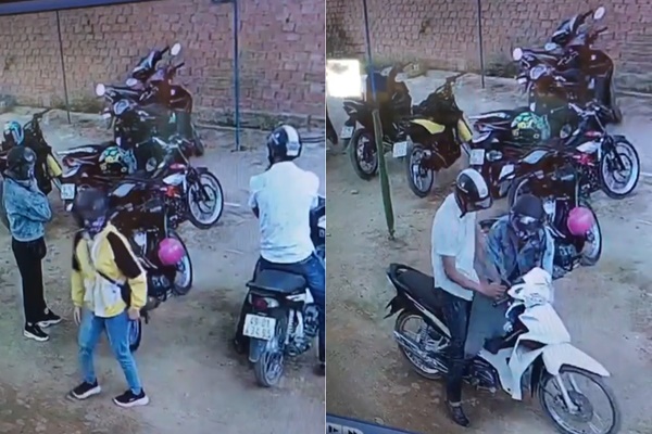 Hình ảnh cặp đôi kết hợp để trộm mũ bảo hiểm trên xe người khác.