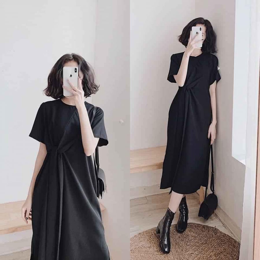 Kiểu váy túm eo dáng xuông này thì dành cho mọi kiểu dáng người từ gầy đến mập đều có thể mặc đẹp
