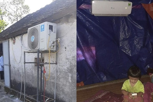 Hình ảnh chiếc điều hòa được lắp trong căn phòng quây bạt.