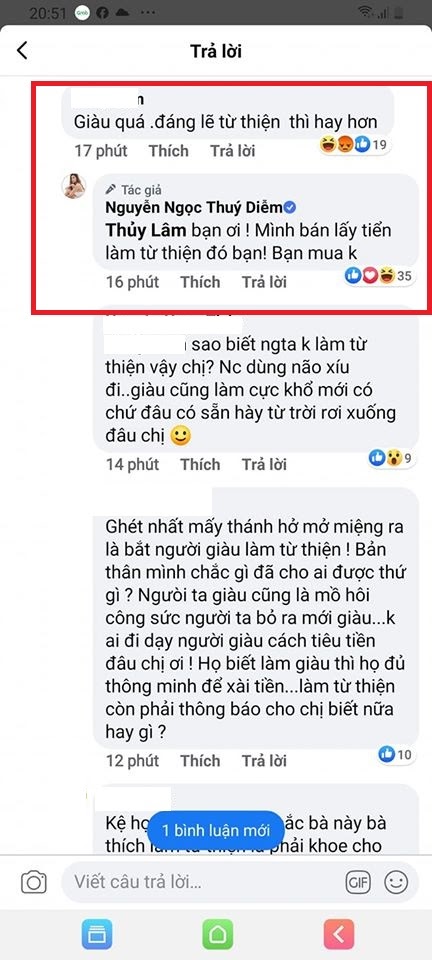 Thúy Diễm đáp trả thẳng thắn khi bị thắc mắc không làm từ thiện. Nữ diễn viên cũng được fan hâm mộ ra mặt bênh vực.