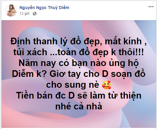 Thúy Diễm thông báo mình sẽ thanh lý nhiều quần áo đẹp, mắt kính, túi xách.