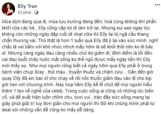 Mới đây, Elly Trần đã kể về việc cô bị ngã cầu thang trấn thương vai cách đây không lâu. Dù bản thân đau đớn đến chảy nước mắt nhưng Elly Trần không vì thế mà hủy show. Cô uống thuốc giảm đau, tiếp tục đến nơi ghi hình với gương mặt rạng rỡ nhất. Qua đây nhiều người phần nào cảm phục Elly Trần bởi sự cố gắng nỗ lực hoàn thành công việc.