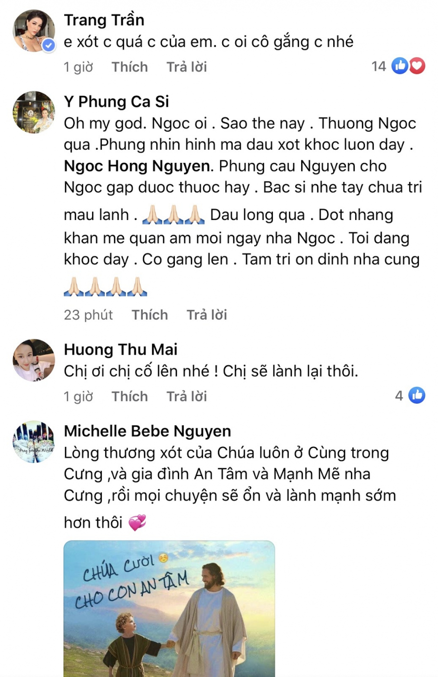 Bạn bè nghệ sĩ đều đồng loạt gửi lời động viên đến Hồng Ngọc, mong cô sớm vượt qua thời gian này.