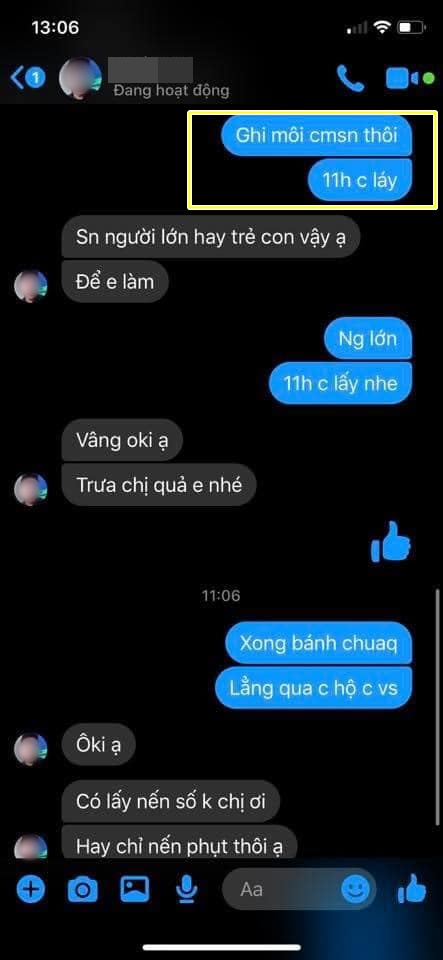 Những dòng tin nhắn của cô gái và chủ tiệm bánh sinh nhật.