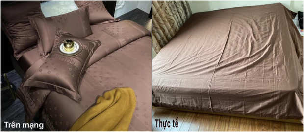 Hình ảnh bộ chăn ga gối trên mạng và thứ mà anh chàng nhận được.