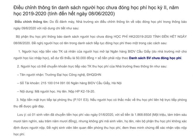 Thông báo danh sách người học chưa đóng học phí học kỳ II, năm học 2019-2020 (tính đến hết ngày 08/06/2020) của Trường Đại học Công nghệ, Đại học Quốc gia Hà Nội. Trong đó có lưu ý về một trường hợp chuyển nhầm một số tiền lớn nhưng không ghi tên.