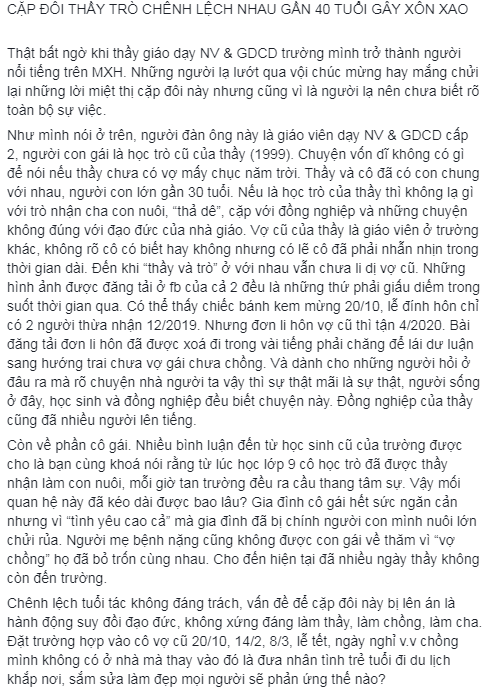Bài viết tố mối quan hệ bất chính của thầy giáo U50 và học trò.