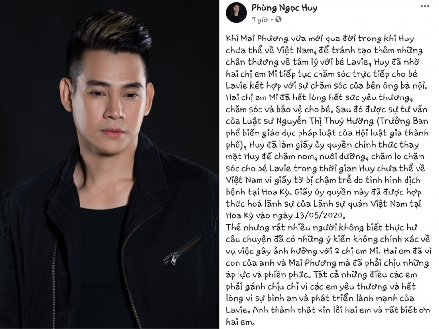 Trước những ồn ào bố mẹ Mai Phương giành quyền nuôi cháu ngoại, mới đây, bố ruột Lavie - Phùng Ngọc Huy đã chính thức lên tiếng để chia sẻ với những người quan tâm sự việc. Anh nói về việc đang bị kẹt tại Mỹ và không về đón Lavie được vì vậy anh đã nhờ hai chị em bảo mẫu để cùng ông bà chăm sóc cho bé Lave. Anh cũng đã làm giấy uỷ quyền chính thức để hai cô bảo mẫu thay mặt mình để chăm nom, nuôi dưỡng con gái.