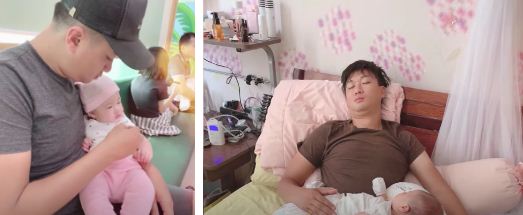 Chồng Hà Trang chăm sóc con gái chu đáo.