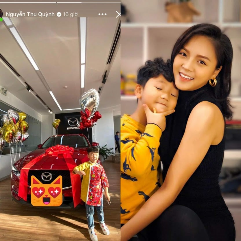 Mới đây, Thu Quỳnh khoe chiếc xế hộp tiền tỷ mới tậu trên trang cá nhân. Có thể thấy Thu Quỳnh đã chính thức gia nhập những bà mẹ đơn thân có tài sản kếch xù của showbiz Việt. Bên cạnh đó, trong ảnh còn có sự hiện diện của con trai cô đó là bé Be. Cậu bé được mẹ cho ăn diện áo dài để đi lấy xe mới. Đây là món quà đầu tiên nữ diễn viên tự thưởng cho mình sau thời gian ở nhà tránh dịch.