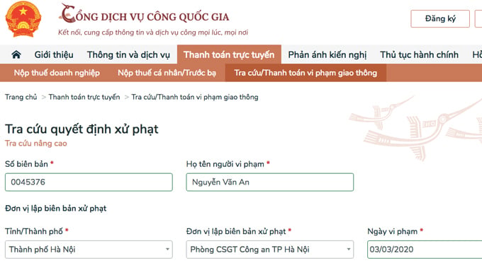 Giao diện thanh toán tiền vi phạm giao thông tích hợp trên Cổng dịch vụ công trực tuyến quốc gia (Vnexpress)    