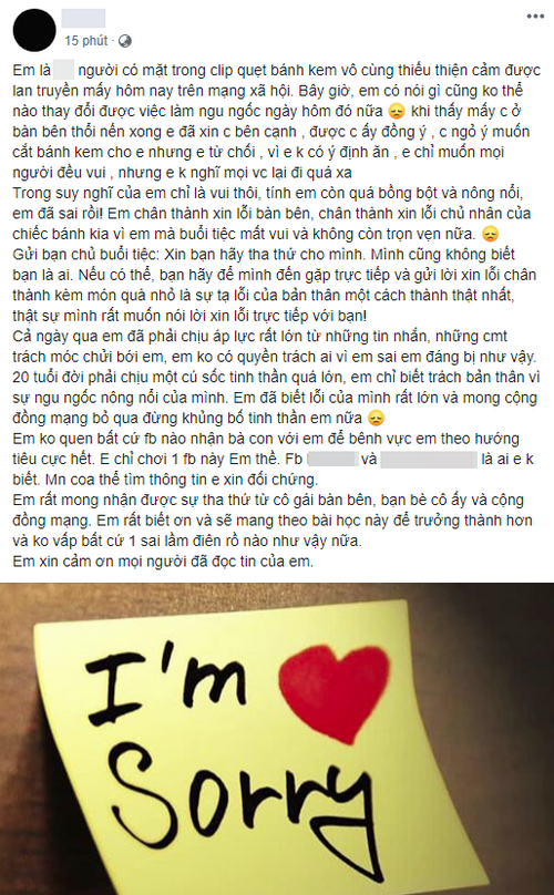Cô gái lên tiếng xin lỗi chủ nhân chiếc bánh kem và cộng đồng mạng