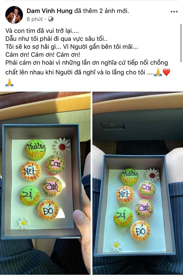 Mới đây, Đàm Vĩnh Hưng lại khiến dân tình phải ghen tỵ khi khoe những chiếc bánh được người thương gửi tặng. Trên trang cá nhân, nam ca sĩ không thôi bày tỏ sự hạnh phúc trước lời nhắn yêu thương từ 