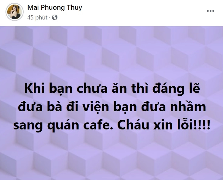 Mới đây, Mai Phương Thúy đã chia sẻ về câu chuyện bi hài xảy ra vào sáng nay. Cụ thể, cô chở bà đi khám bệnh, đáng nhẽ là phải đến thẳng bệnh viện nhưng trên đường đi cô bị đói nên đã rẽ vào quán cafe. Đến cửa quán rồi cô mới nhận ra là trên xe còn có bà và phải đến phòng khám sớm. Dòng trạng thái của cô khiến không ít người bật cười, nhiều người phải công nhận rằng cô cháu gái này quá lơ đãng, tâm hồn chỉ nghĩ đến ăn uống. Một số khác cũng cho rằng rất may cô không đưa bà đến phòng tập gym hay đi đưa ăn vặt lề đường như thói quen.