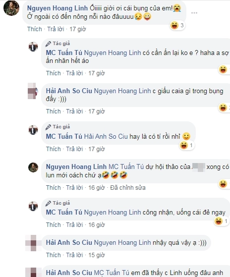 Mới đây, MC Tuấn Tú bất ngờ chia sẻ hình ảnh chụp cùng MC Hoàng Linh. Tuy nhiên điều khiến nhiều người phải chú ý lại chính là chiếc bụng to bất thường của nữ MC, phải chăng cô đang mang bầu. Chỉ vài phút sau, chính chủ đã ngay lập tức vào than thở với đàn anh: 