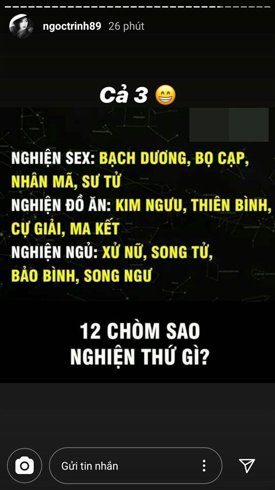 Mới đây, Ngọc Trinh đăng tải một loại những đặc điểm của cung hoàng đạo Thiên Bình, cũng chính là cung của cô, đồng thời tiết lộ khá nhiều bí mật của bản thân. Đặc biệt cô thừa nhận mình nghiện 3 thứ mà cung Thiên Bình có đó là: 