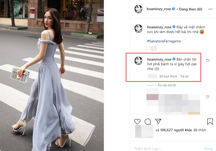 Mới đây, trên trang cá nhân, Hòa Minzy hào hứng khoe loạt khoảnh khắc sang chảnh với thiết kế váy 2 dây. Street style của nữ ca sĩ nhận được “cơn mưa” lời khen ngợi của người hâm mộ sau ít giờ đăng tải. Giữa hàng loạt lời khen, một comment bất ngờ gây chú ý. Theo đó, người này thay vì chú ý đến sắc vóc lại dành sự quan tâm đặc biệt tới bàn chân Hòa Minzy khi chỉ ra điểm bất thường đó là ngón út tràn ra ngoài sandal của nữ ca sĩ. Lập tức, Hòa Minzy dí dỏm lên tiếng giải thích.