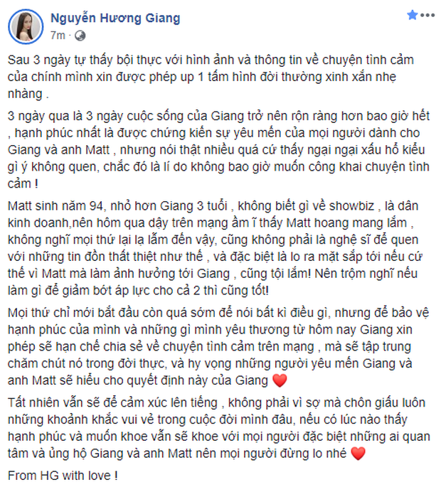 Mới đây, Hương Giang đã chính thức viết một tâm thư về chuyện tình cảm với CEO người Singapore. Cô cho rằng Matt Liu không phải là nghệ sĩ, không hoạt động showbiz nên anh cũng cảm thấy hoang mang khi tên mình xuất hiện trên mạng xã hội và mặt báo như vậy. Điều này cũng khiến Shbet16 chơi game trực tuyến của cả hai xáo trộn. Những lùm xùm vừa qua khiến cô bắt buộc phải lên tiếng.