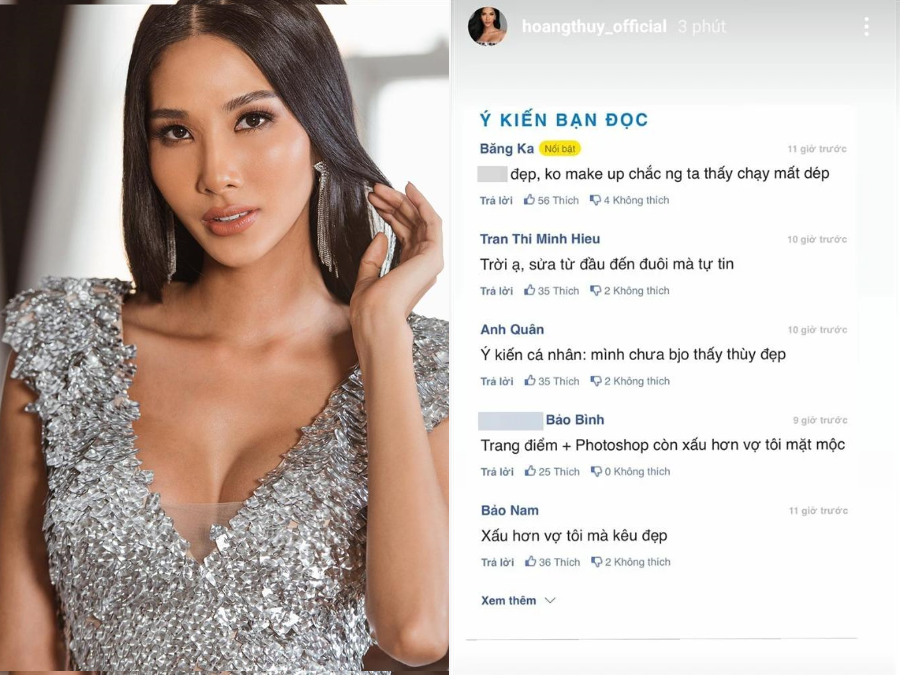 Mới đây, Á hậu Hoàng Thùy công khai một loạt bình luận chê bai thậm tệ về nhan sắc cô sau bài phỏng vấn gần đây. Theo đó, Hoàng Thùy khẳng định cô đã đủ đẹp rồi, mặc đồ thường đã đẹp thì không nhất thiết phải mặc đồ hiệu đắt đỏ. Lập tức, Hoàng Thùy vấp phải không ít những phản hồi trái chiều. Nhiều người không cho rằng Hoàng Thùy xinh đẹp, thậm chí chê bai thậm tệ dung nhan của cô. Trước sự phản hồi tiêu cực, Hoàng Thùy không bình luận gì thêm, cô khá bình tĩnh.