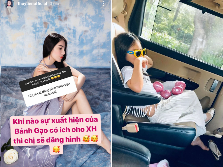 Thủy Tiên vừa có dịp giao lưu với fan trên Instagram. Trong loạt câu hỏi gửi đến, lời ngỏ ý của một fan về bé Bánh Gạo nhận được sự chú ý đặc biệt. Trước lời đề nghị dễ thương từ fan, Thủy Tiên đã phản hồi. Đây vốn là lần đầu nữ ca sĩ thẳng thắn đưa ra thời điểm công khai sự xuất hiện của con gái sau nhiều năm giấu kín. Dù vẫn bỏ ngỏ một cách khéo léo, song hồi đáp dễ thương từ Thủy Tiên cũng phần nào làm fan hài lòng. Trước đó, dù có đăng hình con gái nhưng Thủy Tiên chỉ hé lộ các góc nghiêng.