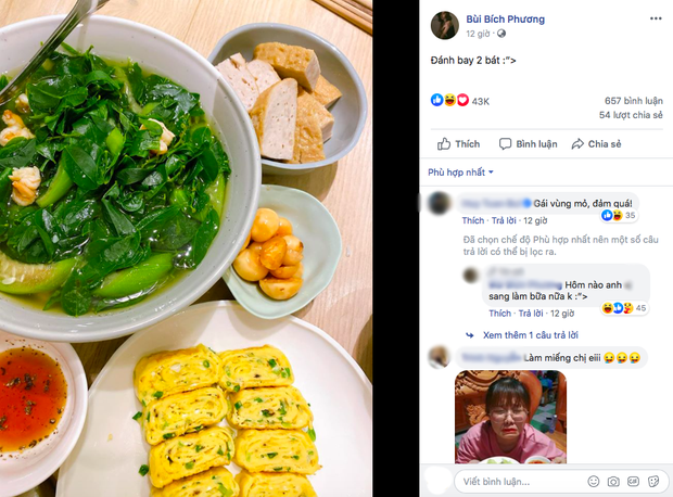 Mới đây, Bích Phương lại có dịp ngẫu hứng muốn xắn tay vào bếp nấu nướng bữa cơm đơn giản và nhanh gọn. Dù chỉ gồm 2 món mặn và 1 món canh nhưng ai nhìn vào cũng phải thèm. 