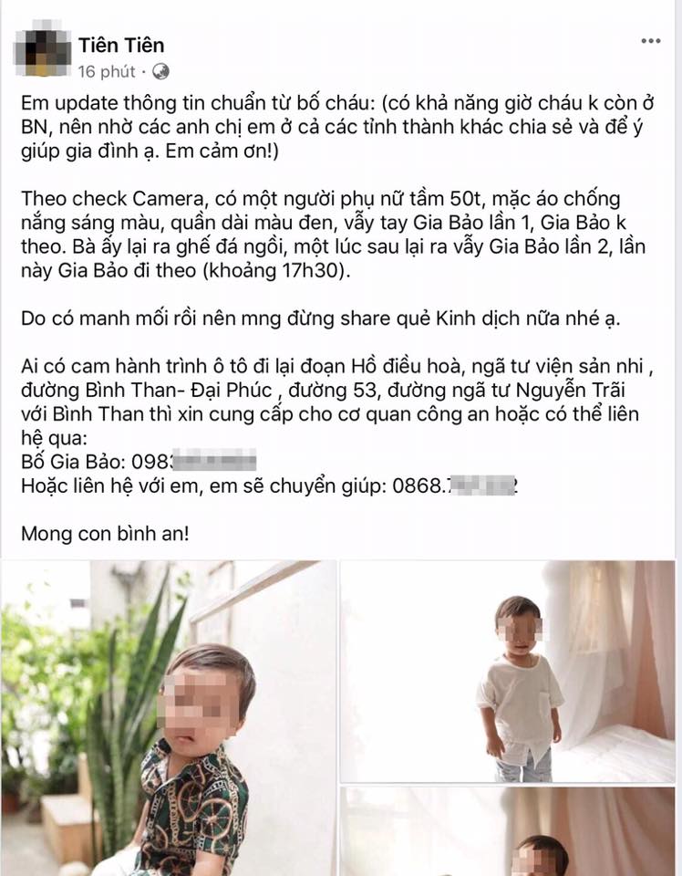 Bài đăng nhờ cộng đồng mạng tìm kiếm cháu bé