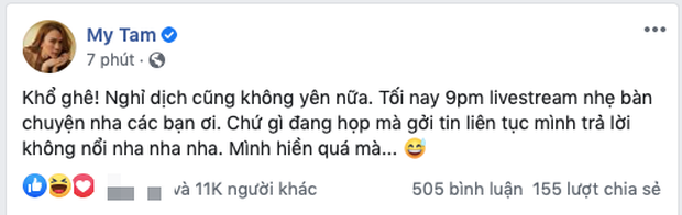 Mới đây, mxh xôn xao hình ảnh Mỹ Tâm để lộ vòng 2 kém thon gọn, cùng với đó là gương mặt và thân hình có dấu hiệu tăng cân khiến nhiều người cho rằng cô đã mang bầu. Tuy nhiên đại diện của Mỹ Tâm đã lên tiếng khẳng định tất cả chỉ là tin đồn vô căn cứ. Nhanh chóng sau đó, Mỹ Tâm cũng đã chính thức lên tiếng. Theo đó, cô thông báo sẽ livestream trên trang cá nhân lúc 21h để làm rõ tin đồn. Cô cũng thông báo hiện giờ cô đang tạm nghỉ vì dịch bệnh nên không tham gia các dự án.