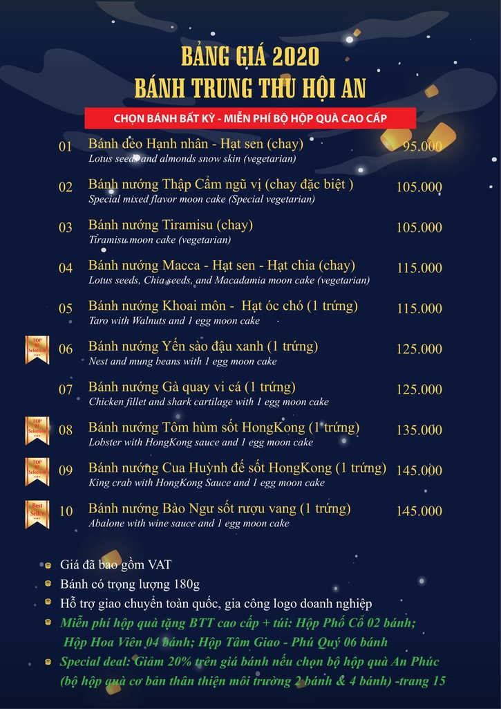 Bảng giá bánh Trung thu Hội An Mooncake 2020