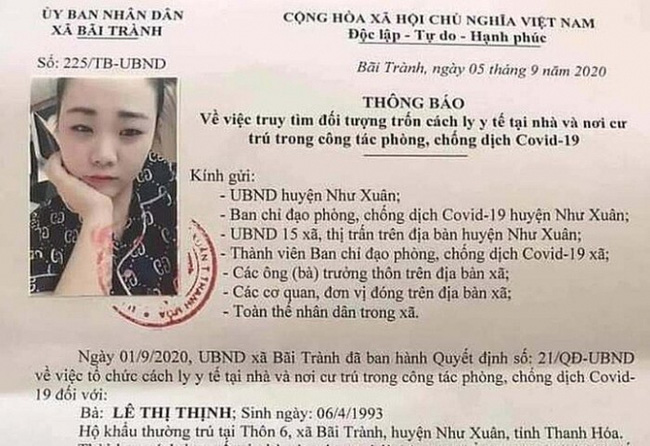 Thông báo truy tìm Lê Thị Thịnh