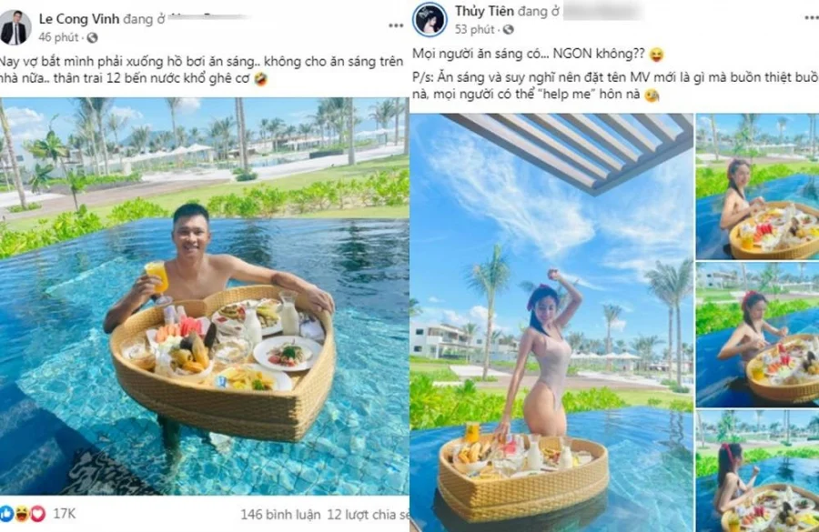 Thủy Tiên – Công Vinh vừa khoe hình ảnh đi nghỉ dưỡng ở một resort sang trọng. Tuy nhiên, nếu Thủy Tiên tỏ vẻ khá thích thú thì Công Vinh lại nhăn nhó. Nguyên nhân là do bị vợ ép ăn sáng dưới hồ bơi thay vì ăn sáng trên nhà. Anh rớt nước mắt than thở: “Thân trai 12 bến nước khổ ghê cơ”. Bên cạnh cảm thấy hài hước vì thái độ trái ngược của hai người thì body gợi cảm của 2 vợ chồng cũng khiến khán giả xuýt xoa. Dù đã sinh con và không còn trẻ nhưng giọng ca Giấc mơ tuyết trắng vẫn giữ được thân hình thon gọn, quyến rũ.
