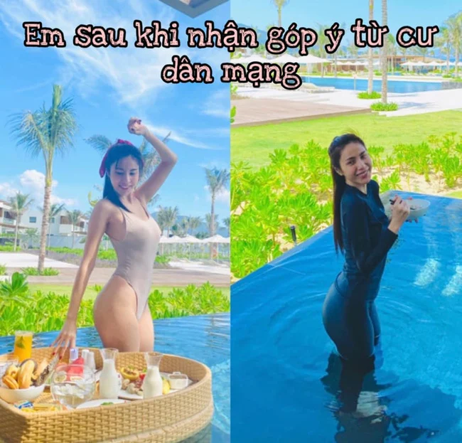 Mới đây, Thủy Tiên hài hước viết về việc mặc bikini ăn sáng: 