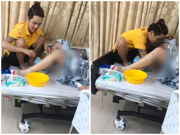 Anh chồng trẻ tỉ mỉ vệ sinh cho vợ mới đẻ. 