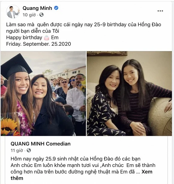 Hôm qua (25/9) là sinh nhật của nghệ sĩ Hồng Đào. Ngoài những lời chúc của bạn bè, đồng nghiệp thì có một người đặc biệt cũng gửi đến cô lời ngọt ngào. Đó chính là chồng cũ của cô, nghệ sĩ Quang Minh. Quang Minh viết những lời yêu thương dành cho vợ cũ: 