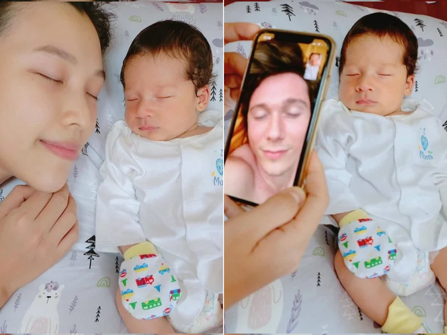 Mới đây, Hoàng Oanh lần đầu công khai diện mạo của quý tử Max. Hình ảnh được chụp từ khi bé mới 20 ngày tuổi. Con trai nhỏ nhà Hoàng Oanh sở hữu vẻ ngoài đúng chất lai Tây, vô cùng dễ thương. Tuy nhiên, Hoàng Oanh và chồng đang phải tranh cãi vì xem bé giống ai nhiều hơn. Cả hai tranh luận không ra nên phải nhờ sự giúp đỡ của fan. Cô viết: “Xin chào các cô chú. Đây là con lúc 20 ngày tuổi ạ. Ba mẹ cứ so xem là con giống ai hơn. Mẹ nói con giống ba, ba cứ đòi con giống mẹ, tranh luận mãi tới bây giờ luôn, ngộ ghê. Cả nhà thấy con giống ai hơn ạ”.