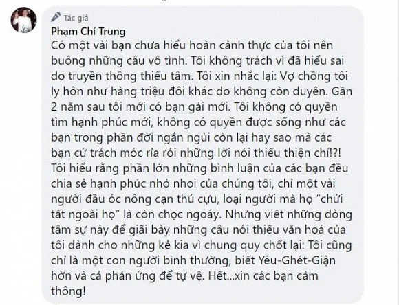 Nghệ sĩ Chí Trung đăng ảnh chụp cùng bạn gái và mượn bài thơ sưu tầm được để 