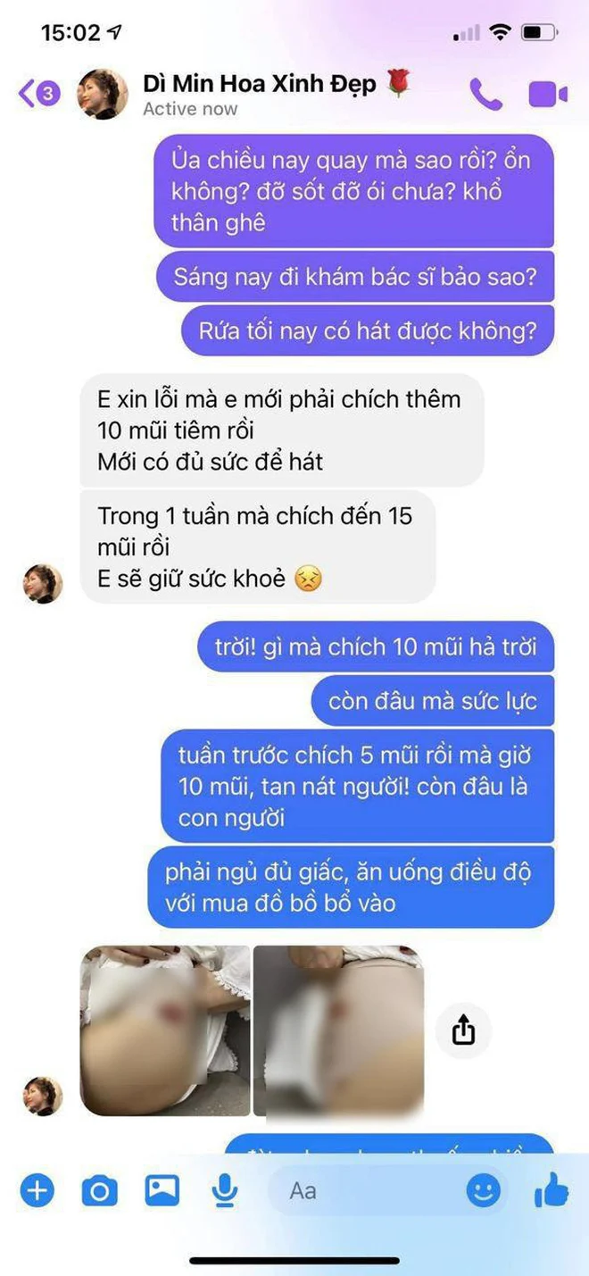 Quản lý Hoà Minzy xót xa chia sẻ đoạn tin nhắn với nữ ca sĩ, tiết lộ rằng cô đã phải tiêm 10 mũi thuốc đến nỗi khiến vòng 3 rướm máu. Đông đảo khán giả cảm thấy vô cùng cảm động khi biết được câu chuyện này cũng như tấm lòng thương cảm, không ngại lăn xả vì miền Trung của Hòa Minzy.