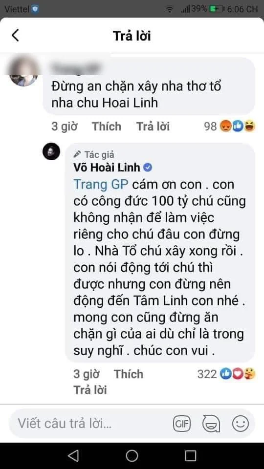 Nhiều nghệ sĩ bằng sự ảnh hưởng của mình đã tích cực kêu gọi quyên góp giúp đỡ, trong đó có danh hài Hoài Linh. Sau 2 ngày, Hoài Linh đã kêu gọi được hơn 5 tỷ đồng. Nam nghệ sĩ đã công khai số tiền trên trang cá nhân. Rất nhiều người cảm kích trước tấm lòng của Đệ Nhất Danh Hài tuy nhiên lại xuất hiện bình luận gây phẫn nộ: “Đừng ăn chặn xây Nhà thờ Tổ nha chú Hoài Linh”. Đáp lại lời nhắc nhở “vô duyên”, Hoài Linh đã đáp trả thẳng thắn.