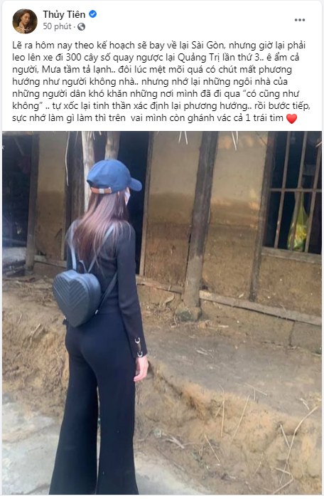 Thủy Tiên vẫn đang tiếp tục hành trình từ thiện của mình dù vấp phải vô số ý kiến trái chiều cũng như gặp một số sự cố. Trước đó vào ngày 31/10, cô thông báo tạm ngưng từ thiện tại 12 xã huyện Quảng Lăng, tỉnh Quảng Trị vì nhiều lý do trong đó có việc lập danh sách thiếu trung thực. Đúng như lịch, hôm nay cô sẽ quay về TP. HCM để tiếp tục công việc cá nhân. Tuy nhiên, sau khi kết thúc hành trình trao tiền tại Nghệ An, Thủy Tiên cùng chồng quyết định trở lại Quảng Trị lần 3.