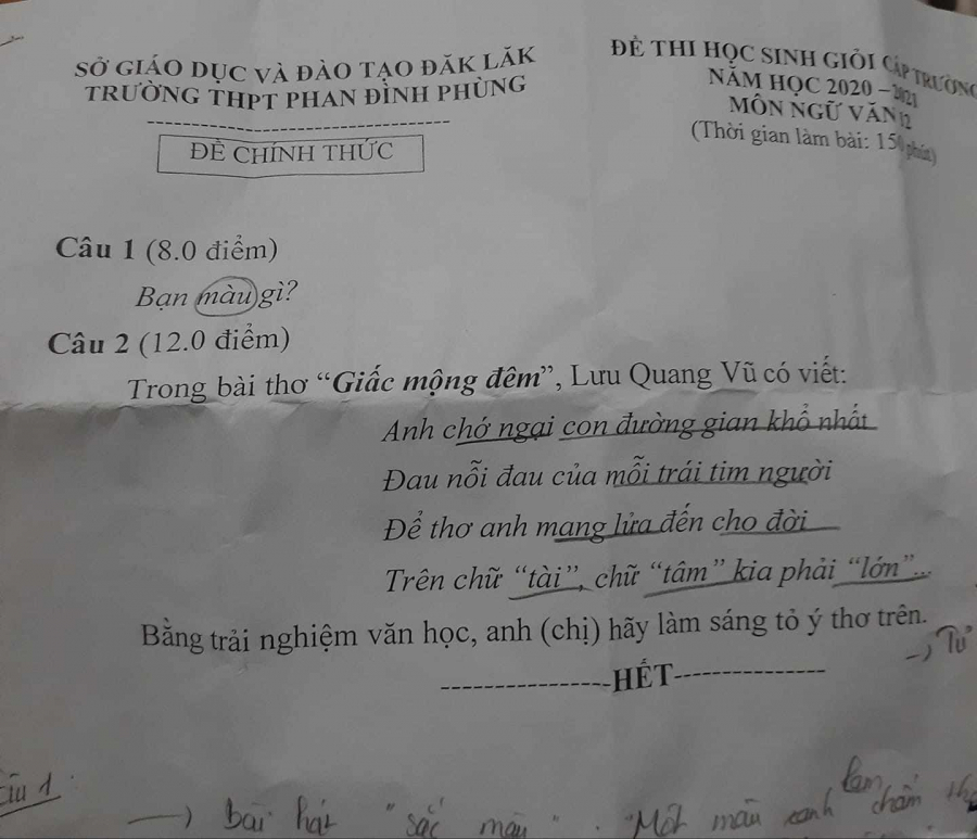 Đề thi học sinh giỏi môn Ngữ văn cấp trường của trường THPT Phan Đình Phùng (Đắk Lắk).