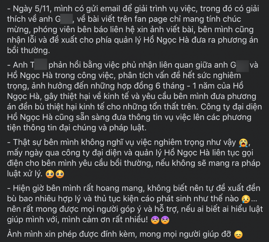 Nguyên văn bài viết xin tư vấn được chia sẻ rộng rãi trên diễn đàn mạng