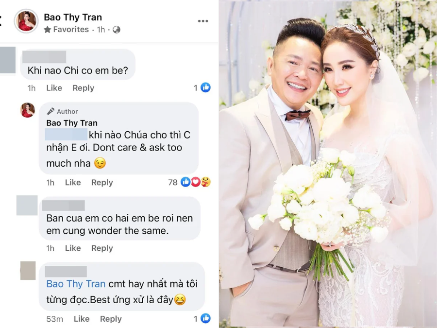 Mới đây, Bảo Thy được một dân mạng hỏi về chuyện khi nào sẽ có em bé. Trước câu hỏi thiếu tế nhị, Bảo Thy đáp: 