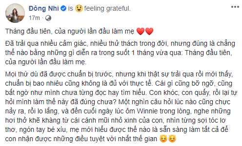 Mới đây, trên trang cá nhân của mình, Đông Nhi đã chia sẻ khoảnh khắc nữ ca sĩ đưa con gái Winne đi khám. Cô cũng có chia sẻ về cảm nhận sau hơn 1 tháng chính thức hạ sinh con gái đầu lòng. Lần đầu làm mẹ thật sự đã khiến Đông Nhi bối rối và bỡ ngỡ, nhưng hạnh phúc rằng cô luôn có ông xã bên cạnh quan tâm và hỗ trợ.