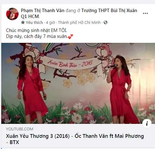 ần 1 năm sau tang lễ của diễn viên, ca sĩ Mai Phương. Hôm nay nhân ngày sinh nhật cô MC Ốc Thanh đã gửi lời chúc trên trang Facebook cá nhân. Chỉ vài dòng chữ tuy ngắn gọn nhưng cũng khiến mọi người hiểu được tình cảm cô dành cho cố diễn viên. Ốc Thanh Vân viết: “Chúc mừng sinh nhật EM TÔI. Dịp này, cách đây 7 mùa xuân.”    Ốc Thanh Vân còn gây xúc động khi chia sẻ clip lúc mình và Mai Phương hoạt động nghệ thuật lúc còn trẻ. Vào những năm 2000, cả hai thường xuyên đồng hành với nhau trên các sân khấu kịch nói, điện ảnh lẫn ca hát.